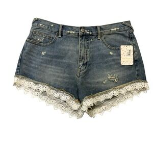 Free People Womens Jean Shorts 31 Denim Lace Crochet Trim Boho Soft Girl Dainty